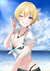 Rule 34 | 1girl, :d, absurdres, arm up, badge, beach, bikini, black shorts, blonde hair, blue sky, blush, breasts, button badge, cleavage, cloud, collar, collarbone, collared shirt, front-tie top, hair between eyes, highres, idolmaster, idolmaster shiny colors, jewelry, light blush, looking at viewer, medium breasts, navel, necklace, ocean, one eye closed, open mouth, outdoors, pol winner, purple eyes, ring, saijo juri, shirt, short hair, short sleeves, shorts, skindentation, sky, smile, solo, sunlight, swimsuit, upper body, water, wet, wet clothes, wet shirt, white collar