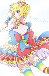 Rule 34 | 1girl, blonde hair, blue bow, blue eyes, blunt bangs, bow, cone hair bun, curly hair, dareka alicia, double bun, dress, frilled dress, frills, from behind, hair bow, hair bun, hand up, happy birthday, highres, idol clothes, layered skirt, looking at viewer, looking back, minami mirei, multicolored clothes, multicolored dress, one eye closed, pretty series, pripara, red bow, short dress, short hair, skirt, smile, solo, standing, striped clothes, striped thighhighs, thighhighs, white background
