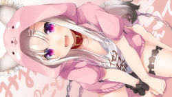 Rule 34 | 1girl, nanashi inc., :d, animal ear fluff, animal ears, animare, barefoot, between legs, chain, clothes writing, collar, commentary request, dutch angle, ears through headwear, fang, grey hair, hair between eyes, hair ornament, hairclip, hand between legs, hood, hood up, hooded jacket, jacket, long hair, looking at viewer, open mouth, pink jacket, purple eyes, red collar, sch, seiza, shiromiya mimi, shirt, single wrist cuff, sitting, smile, solo, tail, translation request, virtual youtuber, white shirt, wrist cuffs