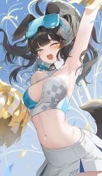 Rule 34 | 1girl, absurdres, ahoge, animal ears, arm up, armpits, black hair, blue archive, blue eyes, blush, breasts, cheerleader, confetti, crop top, dog ears, dog tail, floating hair, goggles, goggles on head, half-closed eyes, halo, hibiki (blue archive), hibiki (cheer squad) (blue archive), highres, holding, holding pom poms, jeon-eo konoshiro, medium breasts, millennium cheerleader outfit (blue archive), navel, official alternate costume, one eye closed, open mouth, pom pom (cheerleading), pom poms, skirt, solo, star (symbol), stomach, tail, white skirt