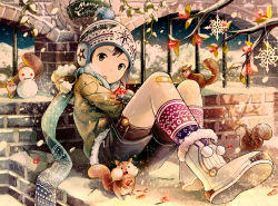 Rule 34 | 1boy, artist name, bandaid, bandaid on knee, bandaid on leg, boots, brick wall, christmas, english text, looking at viewer, male focus, merry christmas, noeyebrow (mauve), open mouth, original, scarf, shorts, sitting, snowman, socks, solo, squirrel