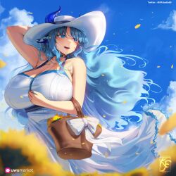Rule 34 | 1girl, absurdres, animal ears, arm up, bare shoulders, basket, blue eyes, blue hair, blue horns, blue pupils, blurry, breasts, bright pupils, cleavage, cloud, cloudy sky, commission, cow ears, cow girl, depth of field, dress, flower, hat, highres, holding, holding basket, horn ornament, horn ring, horns, horns through headwear, huge breasts, indie virtual youtuber, knightfang, long hair, miilkywayz, mole, mole under mouth, open mouth, petals, signature, sky, smile, solo, star-shaped pupils, star (symbol), sun hat, sundress, sunflower, symbol-shaped pupils, twitter username, very long hair, virtual youtuber