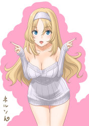 Rule 34 | 1girl, alternate costume, blonde hair, blue eyes, breasts, character name, cleavage, commentary request, cowboy shot, dress, hairband, highres, kantai collection, large breasts, lips, looking at viewer, nelson (kancolle), off-shoulder dress, off-shoulder sweater, off shoulder, open mouth, pointing, ribbed sweater, solo, standing, sweater, sweater dress, t2r, two-tone background, white hairband, white sweater