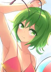 Rule 34 | 1girl, adda, antennae, armpits, bikini, breasts, cleavage, closed mouth, green eyes, green hair, highres, large breasts, looking at viewer, one-hour drawing challenge, red bikini, short hair, simple background, smile, solo, swimsuit, touhou, upper body, white background, wriggle nightbug