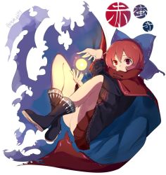 Rule 34 | 1girl, ass, bad id, bad twitter id, boots, cape, full body, glowing, hair ornament, hair ribbon, jpeg artifacts, long sleeves, looking at viewer, miniskirt, red eyes, red hair, ribbon, sekibanki, shirt, short hair, simple background, skirt, solo, text focus, touhou, touzai (poppin phl95), twitter username, white background, wide sleeves