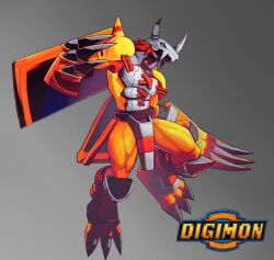 Rule 34 | animated, armor, chycero, claws, digimon, digimon (creature), english text, floating, green eyes, helmet, levitation, monster, muscular, muscular legs, orange hair, simple background, thick thighs, thighs, video, wargreymon