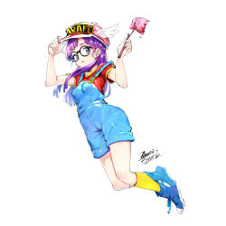 Rule 34 | 1girl, baseball cap, blue eyes, blush, breasts, clothes writing, dr. slump, ejami, glasses, hat, long hair, looking at viewer, norimaki arale, open mouth, overalls, purple hair, shirt, simple background, solo, white background, winged hat
