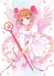 Rule 34 | 1girl, ankle garter, antenna hair, asymmetrical legwear, blush, bridal garter, brown hair, cardcaptor sakura, choker, closed mouth, collarbone, commentary request, dress, feathered wings, feathers, frilled choker, frilled socks, frills, full body, green eyes, hair intakes, hair ribbon, head tilt, highres, holding, holding wand, kinomoto sakura, looking at viewer, petals, pink footwear, pink ribbon, puffy short sleeves, puffy sleeves, ribbon, sakura hiyori, short hair, short sleeves, simple background, single thighhigh, smile, socks, solo, spread wings, star (symbol), thighhighs, two side up, uneven legwear, wand, white background, white dress, white feathers, white socks, white wings, wings