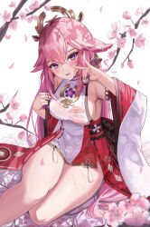 Rule 34 | 1girl, animal ears, armpit peek, blush, breasts, cherry blossoms, cup, detached sleeves, earrings, floppy ears, fox, fox ears, genshin impact, hair between eyes, highres, holding, holding cup, i ruru, japanese clothes, jewelry, long hair, looking at viewer, medium breasts, nontraditional miko, pink fur, pink hair, pouring through clothes, purple eyes, sideboob, solo, thighs, tomoe (symbol), turtleneck, very long hair, wet, wet clothes, white background, wide sleeves, yae miko