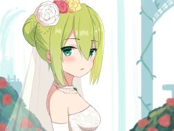 Rule 34 | 1girl, absurdres, alina gray, alternate costume, alternate hairstyle, bare shoulders, blush, breasts, bridal veil, dress, flower, green eyes, green hair, hair between eyes, hair bun, hair flower, hair ornament, highres, jewelry, looking at viewer, magia record: mahou shoujo madoka magica gaiden, mahou shoujo madoka magica, medium breasts, multicolored hair, necklace, open mouth, red flower, rose, short hair, single hair bun, solo, streaked hair, suzugahama, upper body, veil, wedding dress, white dress, white flower