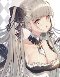 Rule 34 | 1girl, :o, artist name, azur lane, bare shoulders, black bow, black dress, blush, bow, breasts, cleavage, collarbone, commentary, detached collar, dress, earrings, formidable (azur lane), frills, gradient background, grey background, hair bow, jewelry, large breasts, long hair, looking at viewer, open mouth, red eyes, shiromoru (yozakura rety), signature, silver hair, solo, twintails, upper body, white background