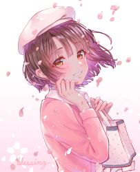 Rule 34 | 1girl, absurdres, bag, blush, bomhat, brown eyes, brown hair, collar, commentary, english text, falling petals, flower (symbol), gradient background, handbag, hands up, highres, katou megumi, light particles, long sleeves, looking at viewer, looking to the side, parted lips, petals, pink background, pink sweater, saenai heroine no sodatekata, short hair, smile, solo, sweater, teeth, upper body, white background, white collar, white headwear
