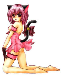 Rule 34 | 00s, 1girl, animal ears, arm garter, ass, barefoot, bow, breasts, breasts out, bridal garter, cat ears, cat tail, female focus, gloves, kneeling, looking at viewer, lowres, magical girl, mew ichigo, momomiya ichigo, nipples, no bra, no panties, simple background, solo, tail, tail bow, tail ornament, tokyo mew mew, white background