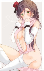 Rule 34 | 1girl, arm warmers, black bow, blush, boots, bow, braid, breasts, commentary request, covering own mouth, crown braid, fur-trimmed boots, fur trim, green eyes, grey background, hat, hat bow, heart, holding, holding clothes, holding scarf, knee boots, long hair, looking at viewer, love live!, love live! school idol project, medium breasts, mogu (au1127), naked scarf, navel, pink scarf, purple hair, red hat, scarf, simple background, sitting, snow halation, solo, tojo nozomi, white footwear