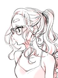 Rule 34 | 1girl, bare shoulders, camisole, commentary request, dekomegane, expressionless, glasses, long hair, looking to the side, monochrome, original, ponytail, profile, sasetsu, sketch, solo, thick eyebrows, upper body, wavy hair