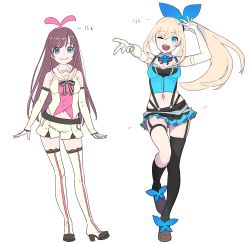 Rule 34 | 2girls, absurdres, asymmetrical legwear, bare shoulders, black legwear, blonde hair, blue eyes, blue flower, blue ribbon, blue rose, blush, boots, bow, breasts, brown footwear, brown hair, cleavage, closed mouth, collar, commentary, detached sleeves, elbow gloves, enkyo yuuichirou, flower, gloves, hair ribbon, hairband, height difference, high heel boots, high heels, highres, kizuna ai, kizuna ai inc., long hair, looking at viewer, mirai akari, mirai akari project, mismatched legwear, multicolored hair, multiple girls, navel, one eye closed, open mouth, pink bow, pink hair, ribbon, rose, sailor collar, shoes, shorts, side ponytail, skirt, smile, streaked hair, suspender skirt, suspenders, thighhighs, virtual youtuber, white gloves, white shorts, zettai ryouiki