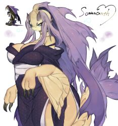 Rule 34 | 1girl, absurdres, arm fins, bare shoulders, blue sclera, breasts, claws, cleavage, colored sclera, colored skin, fins, fish girl, fish tail, furry, furry female, highres, horns, japanese clothes, kimono, large breasts, long hair, looking at viewer, monster hunter (series), purple hair, purple horns, purple kimono, purple skin, side slit, sommacanth (monster hunter), tail, thick thighs, thighs, togetoge, very long hair, white eyes, wide hips, yellow skin