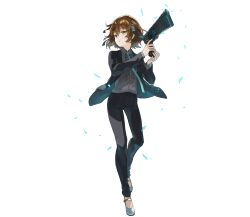 Rule 34 | 1girl, aqua necktie, black jacket, black pants, blouse, brown eyes, brown hair, cosplay, full body, grey shirt, gun, highres, holding, holding gun, holding weapon, jacket, longinus (phantom of the kill), necktie, official alternate costume, official art, pants, parted lips, phantom of the kill, psycho-pass, shirt, simple background, solo, standing, suit jacket, third-party source, transparent background, watarubou, weapon