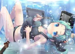 Rule 34 | 1girl, aqua hair, black panties, blue eyes, blush, breasts, bubble, cleavage, computer, covered erect nipples, drawing tablet, hair bobbles, hair ornament, kawashiro nitori, looking at viewer, panties, shin (new), solo, stylus, tank top, touhou, twintails, two side up, underwater, underwear