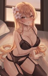Rule 34 | 1girl, 1yu x, absurdres, arm under breasts, black bra, black thighhighs, blonde hair, blush, bra, breasts, brown eyes, cleavage, collarbone, evening, flower, garter belt, garter straps, genshin impact, hair between eyes, hair flower, hair ornament, hair spread out, highres, indoors, large breasts, lingerie, long hair, looking at viewer, lumine (genshin impact), midriff, on bed, open mouth, sidelocks, solo, thighhighs, underwear, very long hair