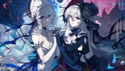 Rule 34 | 2girls, arknights, black dress, black gloves, black headwear, breasts, cleavage cutout, clothing cutout, commentary, dress, elbow gloves, gloves, grey hair, highres, holding hands, interlocked fingers, long hair, looking at viewer, medium breasts, multiple girls, official alternate costume, red eyes, sketch, specter (arknights), specter the unchained (arknights), specter the unchained (born as one) (arknights), very long hair, white dress, white gloves, white headwear, yan ge