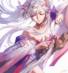 1girl arm_up bare_shoulders breasts cleavage closed_mouth colored_eyelashes commentary detached_sleeves dress floating_hair flower hair_flower hair_ornament hand_up highres jinhsi_(peach_blossom)_(wuthering_waves) jinhsi_(wuthering_waves) long_hair mole mole_on_cheek official_alternate_costume pink_eyes pink_flower signature simple_background small_breasts solo steve_zheng sword very_long_hair weapon white_background white_dress white_hair white_sleeves wuthering_waves