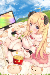 Rule 34 | 1girl, ahoge, arm warmers, blonde hair, blue eyes, blush, bow, bowtie, braid, breasts, chips (food), cloud, cloudy sky, controller, crumbs, day, dress, eating, field, food, french braid, fur-trimmed dress, fur trim, game controller, grass, hair ornament, hairclip, harp, highres, hololive, horns, instrument, long hair, looking at viewer, medium breasts, mi taro333, mouth hold, outdoors, potato chips, red neckwear, sheep, sheep horns, short dress, sitting, sky, solo focus, television, thighs, tsunomaki watame, tsunomaki watame (1st costume), virtual youtuber, white dress, wool, wrist cuffs