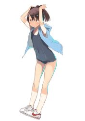 Rule 34 | 1girl, arms up, blue one-piece swimsuit, blue vest, brown eyes, brown hair, covered navel, flat chest, hair ribbon, kantai collection, matsutani, one-piece swimsuit, ponytail, ribbon, school swimsuit, shikinami (kancolle), shoes, short hair, short ponytail, simple background, sneakers, solo, swimsuit, tan, tanline, vest, white background, white footwear