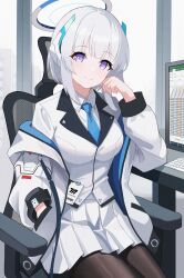 Rule 34 | 1girl, absurdres, astelia, black pantyhose, blue archive, blue necktie, blush, breasts, closed mouth, collared shirt, cowboy shot, grey hair, halo, highres, jacket, long hair, long sleeves, looking at viewer, mechanical halo, medium breasts, microsoft excel, monitor, necktie, noa (blue archive), pantyhose, pleated skirt, purple eyes, shirt, sitting, skirt, smile, solo, two-sided fabric, two-sided jacket, white jacket, white shirt, white skirt, windows 10