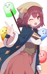 Rule 34 | 1girl, :d, atelier (series), atelier sophie, blue coat, brown eyes, character request, coat, corset, creature, fang, hand up, head scarf, highres, jewelry, long skirt, looking at viewer, looking back, medium hair, necklace, one eye closed, open clothes, open coat, open mouth, pink skirt, red hair, shirt, skirt, smile, sophie neuenmuller, standing, sumiyao (amam), white shirt