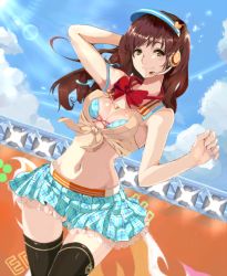 Rule 34 | 10s, 1girl, alternate costume, arm behind head, arm up, black thighhighs, blue skirt, blue sky, bow, bowtie, breasts, brown hair, clenched hand, cloud, commentary request, day, front-tie top, idolmaster, idolmaster cinderella girls, long hair, looking at viewer, medium breasts, miniskirt, naga1047, navel, nitta minami, outdoors, red bow, red bowtie, skirt, sky, solo, thighhighs