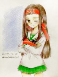 Rule 34 | 1girl, black neckerchief, blouse, blush, brown eyes, brown hair, closed mouth, commentary, cowboy shot, crossed arms, dated, girls und panzer, green skirt, headband, light blush, long hair, long sleeves, looking at viewer, miniskirt, muneate, neckerchief, one-hour drawing challenge, one eye closed, ooarai school uniform, pleated skirt, q-bee (aaru), red headband, saemonza (girls und panzer), school uniform, serafuku, shirt, skirt, smile, solo, standing, straight hair, traditional media, twitter username, white shirt