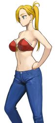 Rule 34 | absurdres, b suke, blonde hair, breasts, denim, earrings, fate/grand order, fate (series), green eyes, highres, jeans, jewelry, large breasts, looking to the side, navel, non-web source, pants, star (symbol), swimsuit, white background