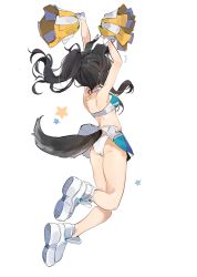 Rule 34 | 1girl, animal ears, arms up, ass, bare arms, bare legs, bare shoulders, black hair, blue archive, breasts, cheerleader, crop top, deitaku, dog ears, dog girl, dog tail, eyewear on head, from behind, hibiki (blue archive), hibiki (cheer squad) (blue archive), highres, long hair, midriff, millennium cheerleader outfit (blue archive), official alternate costume, panties, pom pom (cheerleading), shoes, simple background, skirt, sleeveless, sneakers, solo, star (symbol), tail, thighs, underwear, white background, white footwear, white panties