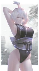 Rule 34 | 1girl, 2b (nier:automata), adapted costume, arm behind head, armpits, arms up, black hairband, black kimono, black leotard, blue eyes, bob cut, breasts, commentary request, cowboy shot, curvy, dated, falling petals, gloves, hair between eyes, hairband, highleg, highleg leotard, highres, japanese clothes, kimono, large breasts, leaf, leotard, lips, looking at viewer, mole, mole under mouth, nier:automata, nier (series), obi, outdoors, parted lips, petals, sash, shiny skin, short hair, signature, solo, stretching, thong leotard, white gloves, white hair, wide hips, yct (yoct o)