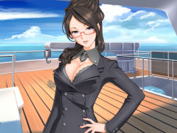Rule 34 | 1girl, black hair, blue eyes, bra, breasts, cleavage, cloud, formal, game cg, glasses, hand on own hip, long hair, looking at viewer, mirai (sex life), outdoors, sano toshihide, sex life, ship, sky, smile, solo, standing, suit, underwear, watercraft
