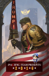 Rule 34 | 10s, 2016, american flag, armor, black hair, black legwear, black ribbon, blonde hair, blue jacket, blush, blush stickers, building, cape, character name, chibi, city, city lights, closed mouth, clothes writing, column, cosplay, dated, donald trump, dress shirt, ea (fate/stay night), emperor of mankind, emperor of mankind (cosplay), fate (series), fire, flag, from side, games workshop, gauntlets, glasses, gold, gold armor, hair bun, hand up, hat, highres, holding, holding weapon, jacket, jeanex, kantai collection, king, knight, laurel crown, laurels, long sleeves, male focus, manly, neck ribbon, nose, open clothes, open jacket, open mouth, ornate, ornate armor, outstretched arms, pacific (kancolle), pauldrons, pillar, polearm, politician, power armor, power suit, profile, real life, realistic, ribbon, shield, shirt, short hair, shoulder armor, shoulder pads, single hair bun, sky, skyscraper, spread wings, striped, thighhighs, torch, united states, uss pennsylvania (bb-38), warhammer, warhammer 40k, weapon, white shirt, wings, wreath, yellow armor, yellow wings