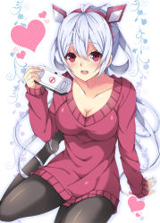 Rule 34 | 1girl, :d, ahoge, arm support, black pantyhose, blush, breasts, cleavage, collarbone, floating hair, hair between eyes, hairband, handheld game console, heart, highres, holding, long hair, looking at viewer, matoi (pso2), medium breasts, milkpanda, open mouth, pantyhose, phantasy star, phantasy star online 2, playstation portable, red eyes, red hairband, red sweater, silver hair, smile, solo, sweater, very long hair, white background
