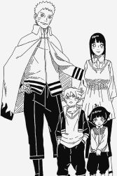 Rule 34 | 2boys, 2girls, ahoge, cape, family, hand on own hip, hands in pockets, hyuuga hinata, kishimoto masashi, looking at viewer, monochrome, multiple boys, multiple girls, naruto, naruto (series), official art, uzumaki boruto, uzumaki himawari, uzumaki naruto, whiskers