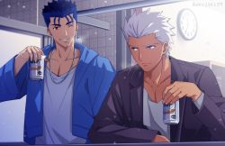 Rule 34 | 2boys, akujiki59, archer (fate), beer can, blue hair, blue jacket, can, clock, collarbone, commentary request, cu chulainn (fate), cu chulainn (fate/stay night), dark-skinned male, dark skin, drink can, earrings, fate/stay night, fate (series), grin, hand up, holding, holding can, jacket, jewelry, male focus, multiple boys, necklace, one eye closed, ponytail, red eyes, shirt, short hair, sitting, smile, tile wall, tiles, upper body, white hair, white shirt