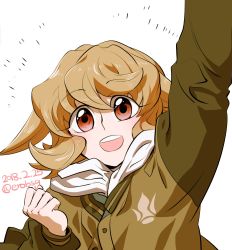 Rule 34 | 1girl, arm up, atra mixta, bad id, bad twitter id, bae (baebae), clenched hands, dated, gundam, gundam tekketsu no orphans, highres, jacket, light brown hair, open mouth, red eyes, scarf, smile, solo, twitter username, upper body, white scarf