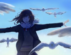 Rule 34 | 1girl, bird, black skirt, blazer, blue sky, blurry, blush, brown hair, day, foreshortening, highres, hinao (flowerrabbit2348), jacket, long sleeves, looking at viewer, neck ribbon, nose blush, original, outstretched arms, pleated skirt, red ribbon, ribbon, scarf, seagull, skirt, sky, smile, solo, spread arms, standing