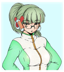 Rule 34 | 1girl, :o, blue background, blunt bangs, blush, bodysuit, breasts, ear covers, glasses, green-framed eyewear, green eyes, green hair, half-closed eyes, hands on own hips, high ponytail, homeko, jumpsuit, large breasts, long hair, long sleeves, looking at viewer, matching hair/eyes, mole, mole under eye, open mouth, os-tan, ponytail, simple background, solo, track suit, turtleneck, upper body, xp home-tan, xphome