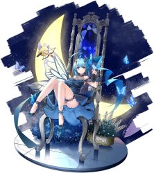 Rule 34 | 1girl, ahoge, animal, armpits, ass, azur lane, bare legs, bare shoulders, bird, blue dress, blue eyes, blue flower, blue footwear, blue gemstone, blue hair, blue theme, bow (weapon), breasts, bridal garter, butterfly wings, chick, clothes between thighs, crescent moon, dress, flower, full body, gem, hair flower, hair ornament, hand up, high heels, highres, horns, inazuma (azur lane), inazuma (dusk&#039;s lightning) (azur lane), insect wings, knees up, long hair, looking at viewer, manjuu (azur lane), moon, nail polish, official alternate costume, official art, ootsuki momiji, ponytail, rose, side ponytail, single wing, sitting, sleeveless, sleeveless dress, small breasts, solo, throne, transparent background, very long hair, weapon, wings