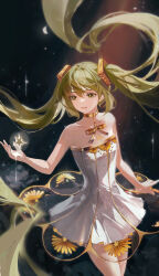 Rule 34 | 1girl, absurdres, bare arms, bare shoulders, chest tattoo, collarbone, commentary, dark background, dress, english commentary, facing viewer, flat chest, floating hair, gold collar, gold trim, gramophone miku, green eyes, green hair, hair between eyes, hatsune miku, highres, long hair, looking to the side, miku symphony (vocaloid), mio4moon, number tattoo, parted lips, see-through, see-through skirt, short dress, sidelocks, skirt, sleeveless, sleeveless dress, smile, solo, standing, star (symbol), strapless, strapless dress, tattoo, twintails, very long hair, vocaloid, white dress