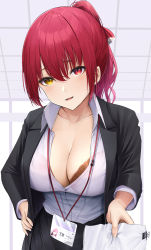 Rule 34 | 1girl, absurdres, black bra, black jacket, black skirt, blush, bra, breasts, cleavage, collarbone, hair ribbon, heterochromia, highres, hololive, houshou marine, jacket, lace, lace-trimmed bra, lace trim, laimer, large breasts, long hair, long sleeves, looking at viewer, open clothes, open jacket, open mouth, ponytail, red eyes, red hair, red ribbon, ribbon, shirt, skirt, smile, solo, underwear, virtual youtuber, white shirt, yellow eyes