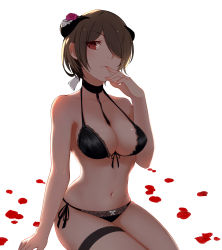 Rule 34 | 1girl, absurdres, babyzhugg, bare shoulders, between breasts, black choker, black panties, bow, bow panties, breasts, brown hair, choker, cleavage, earrings, finger to mouth, flower, front-tie bra, hair over one eye, hair ribbon, halterneck, highres, honkai (series), honkai impact 3rd, horns, jewelry, lingerie, looking at viewer, medium breasts, nail polish, navel, panties, petals, pink flower, pink nails, pink rose, red eyes, red flower, red rose, ribbon, rita rossweisse, rita rossweisse (umbral rose), rose, short hair, side-tie panties, sitting, solo, thigh strap, thighs, underwear, underwear only, white background