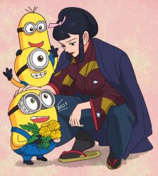 Rule 34 | 1girl, 3boys, black eyes, black hair, bouquet, crossover, eboshi, flower, full body, goggles, hair ribbon, hakama, hakama pants, headpat, heterochromia, highres, holding, holding bouquet, japanese clothes, kimono, long hair, looking at another, minion (despicable me), minions (movie), mononoke hime, multiple boys, open mouth, pants, pink ribbon, red lips, ribbon, rikaco1988, sidelocks, smile, squatting, wide sleeves, yellow flower