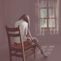 Rule 34 | 1girl, black hair, chair, despair, from behind, indoors, jewelry, leg up, lonely, long hair, necklace, nyanpe, original, shirt, sitting, skirt, solo, striped clothes, striped thighhighs, t-shirt, thighhighs, window