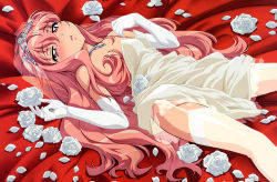 Rule 34 | 00s, 1girl, absurdres, artist request, blush, bridal veil, bride, dress, elbow gloves, flower, garter belt, gloves, highres, jewelry, long hair, louise francoise le blanc de la valliere, lying, necklace, official art, open mouth, pink eyes, pink hair, ring, rose, solo, thighhighs, tiara, veil, wedding dress, white rose, zero no tsukaima